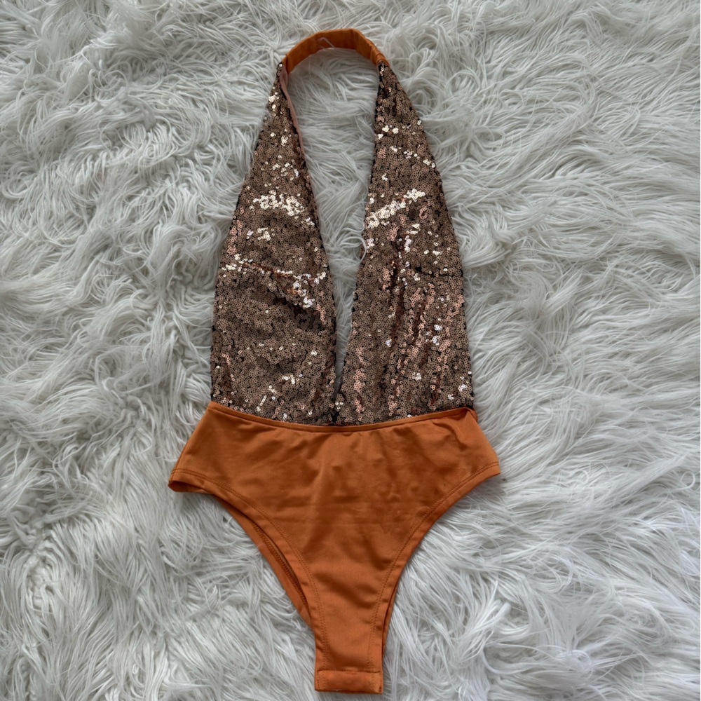 Sequin Halter One Piece Bodysuit in Bronze and Tan